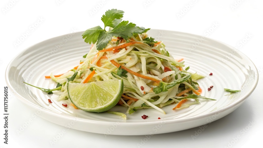 Elegant Asian slaw served fresh on a minimalist white plate for a vibrant culinary experience Elegant Asian slaw served fresh on a minimalist white plate for a vibrant culinary experience