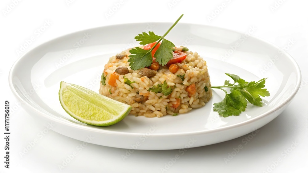 Delightful minimalist serving of arroz con gandules garnished with fresh herbs and a hint of lime Delightful minimalist serving of arroz con gandules garnished with fresh herbs and a hint of lime
