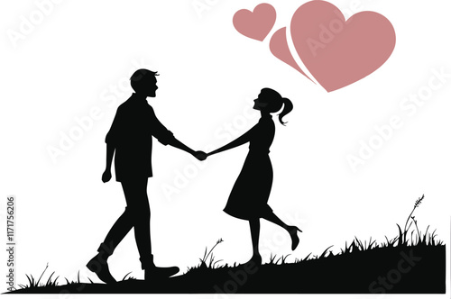 A romantic couple silhouette holding hands.