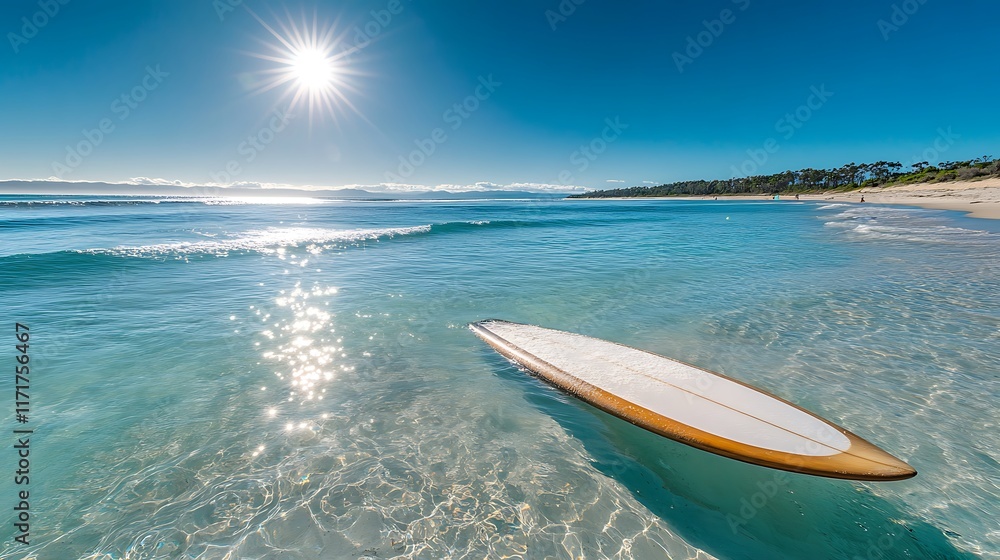 Surfboard floats gently in calm ocean water under bright sun Surfboard floats gently in calm ocean water under bright sun