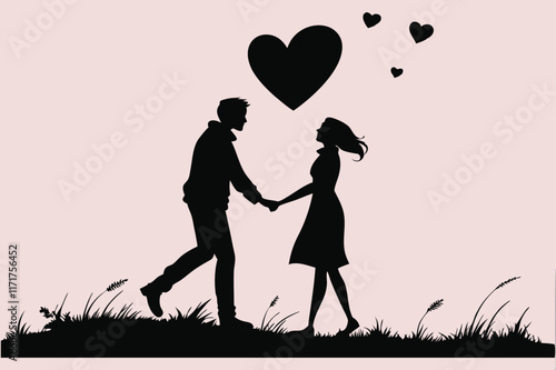 A romantic couple silhouette holding hands.