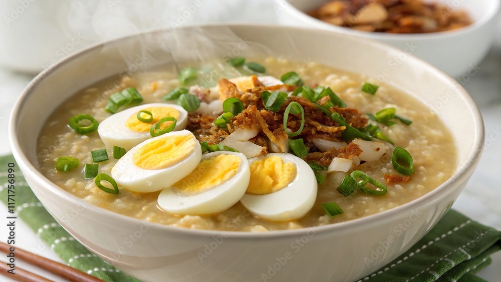 Delightful bowl of arroz caldo garnished with egg and green onions in a cozy kitchen setting Delightful bowl of arroz caldo garnished with egg and green onions in a cozy kitchen setting