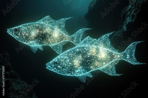 Bioluminescent fish with intricate patterns resembling celestial constellations, their bodies glowing softly in deep ocean trenches. photo