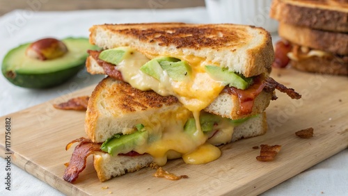 Wallpaper Mural Melted cheese and crispy bacon sandwiched between toasted bread with fresh avocado slices on a wooden board Torontodigital.ca