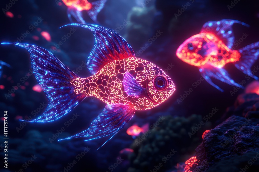 Fototapeta premium Bioluminescent fish with intricate fractal patterns, their glowing bodies creating a mesmerizing display in deep sea trenches.