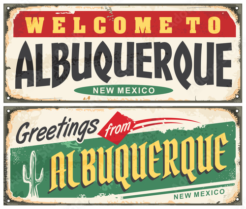 Albuquerque vintage postcard  set on old rusty background. Vacation and travel retro signs. Cities in USA vector illustration.