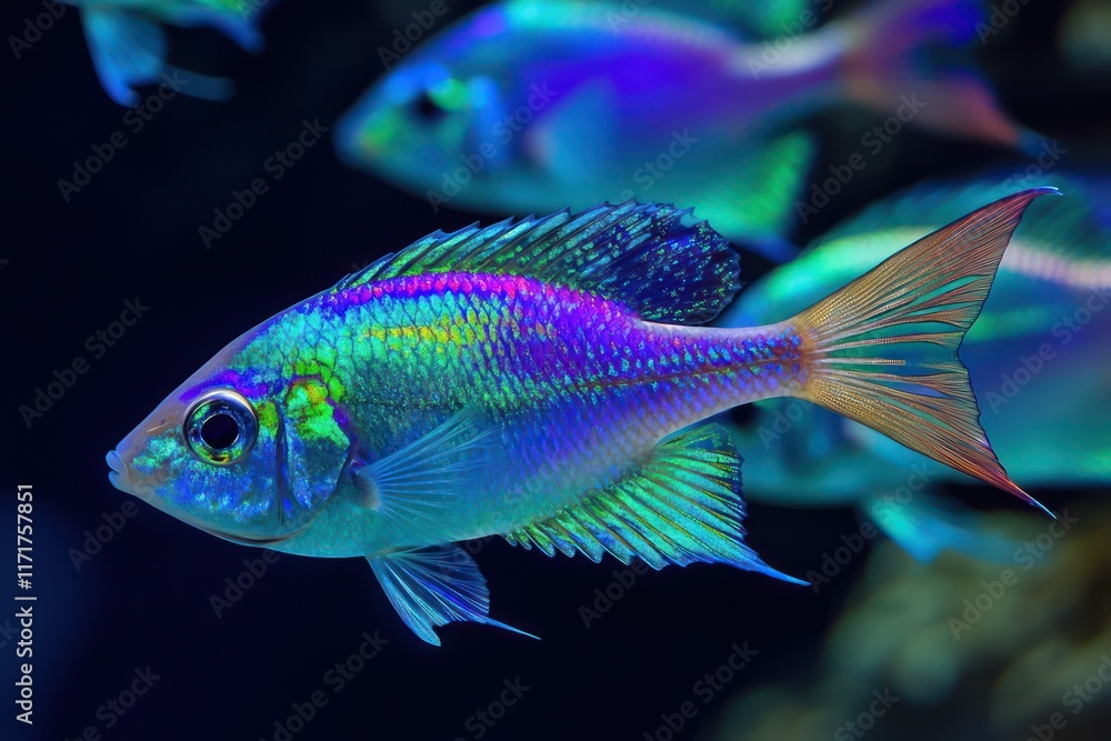 Fototapeta premium Brilliantly colored fish with iridescent fins, their bodies flickering with vibrant blue and green hues.