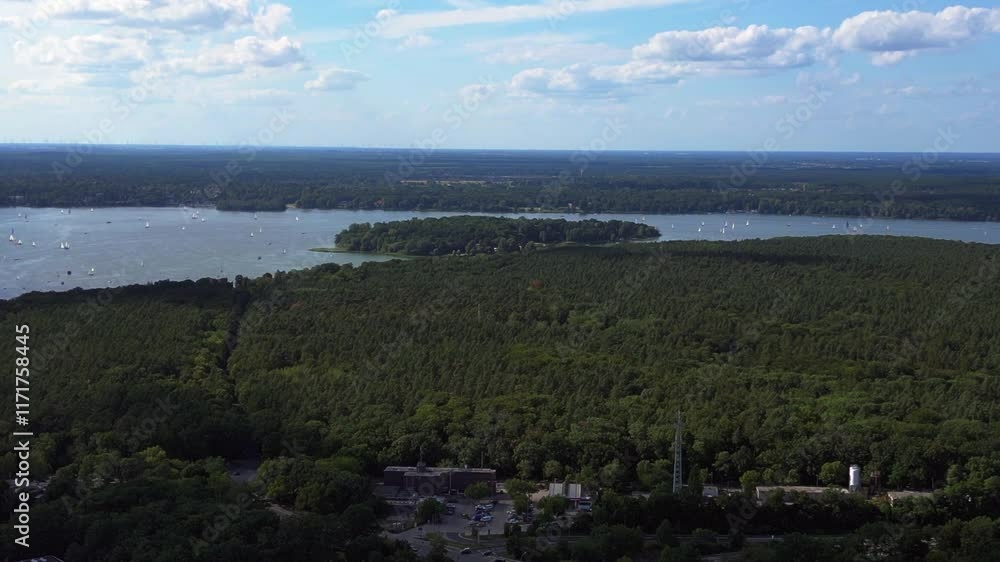 Wannsee lakes with sailboats on sunny day. Lovely aerial view flight drone Wannsee lakes with sailboats on sunny day. Lovely aerial view flight drone