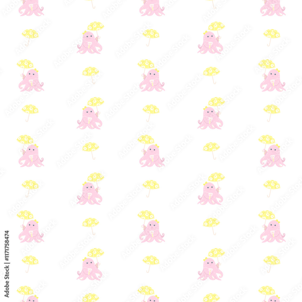 Seamless pattern with octopus girl standing with decorations, woman bag and umbrella in pink and yellow colors. Pattern for girls and kids clothes. Seamless pattern with octopus girl standing with decorations, woman bag and umbrella in pink and yellow colors. Pattern for girls and kids clothes.