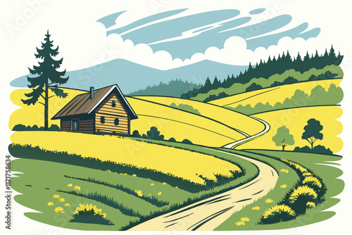 Idyllic countryside landscape, winding road, rustic wooden house, vibrant yellow rapeseed field, lush green meadows, blue sky with wispy clouds, rolling hills, verdant forest, pastoral scenery, vivid 