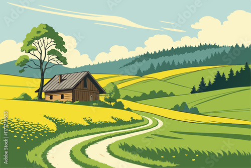 Idyllic countryside landscape, winding road, rustic wooden house, vibrant yellow rapeseed field, lush green meadows, blue sky with wispy clouds, rolling hills, verdant forest, pastoral scenery, vivid 