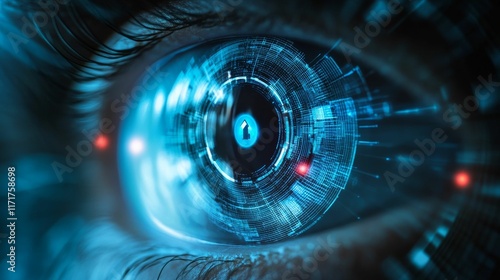 Close-up eye, glowing blue data, digital overlay.