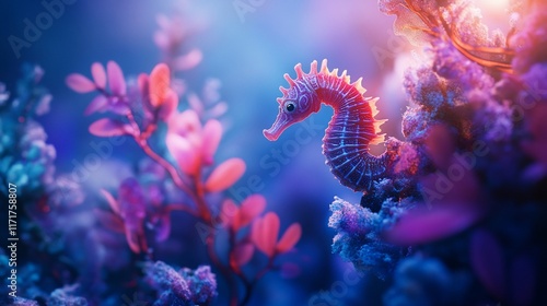 A small seahorse amidst vibrant coral and plants underwater, illuminated by soft light. photo