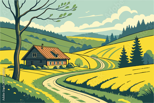 Idyllic countryside landscape, winding road, rustic wooden house, vibrant yellow rapeseed field, lush green meadows, blue sky with wispy clouds, rolling hills, verdant forest, pastoral scenery, vivid 