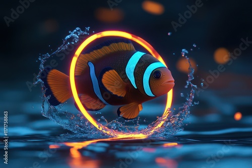 Circular fish with neon-ringed scales, spinning playfully in twilight ocean waters. photo