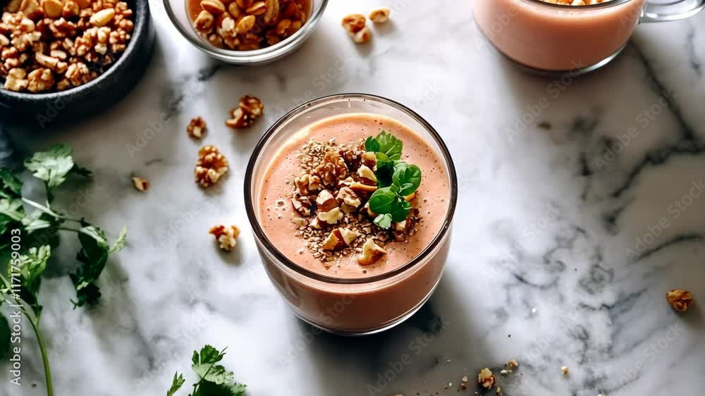 Smoothie preparation with nuts and herbs on marble counter Smoothie preparation with nuts and herbs on marble counter