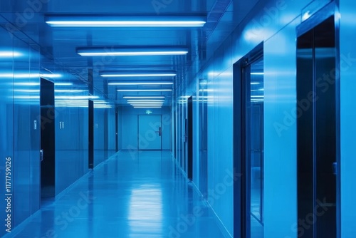 Blue hallway, fluorescent lights, doors, reflective floor.
