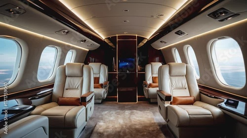 Luxurious interior of a private jet showcasing comfort and style during flight
