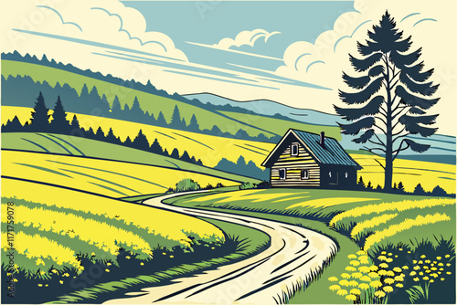 Idyllic countryside landscape, winding road, rustic wooden house, vibrant yellow rapeseed field, lush green meadows, blue sky with wispy clouds, rolling hills, verdant forest, pastoral scenery, vivid 