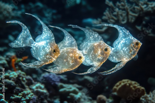 Crescent-shaped fish with softly glowing scales, swimming in synchronized movements over a reef. photo