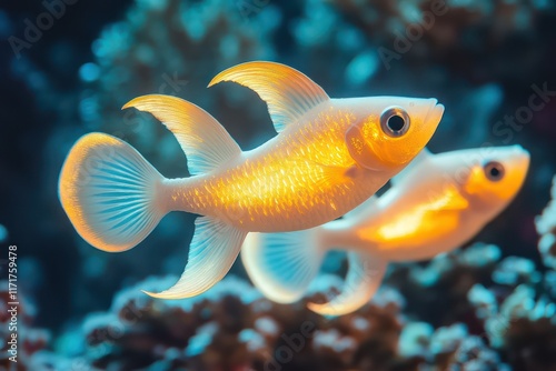 Crescent-shaped fish with softly glowing scales, swimming in synchronized movements over a reef. photo