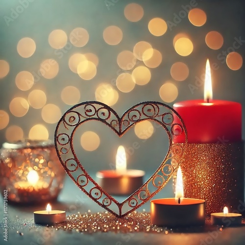 Valentine's Day, heart shaped candles on a wooden table with twinkling lights in the background create a warm and romantic atmosphere. photo