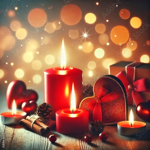 Valentine's Day, heart shaped candles on a wooden table with twinkling lights in the background create a warm and romantic atmosphere. photo