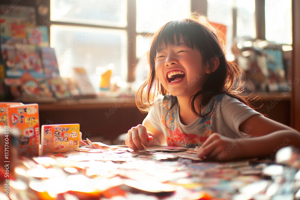 Fototapeta premium Teenage Asian girl laughing nervously in a bright room filled with colorful cards and games