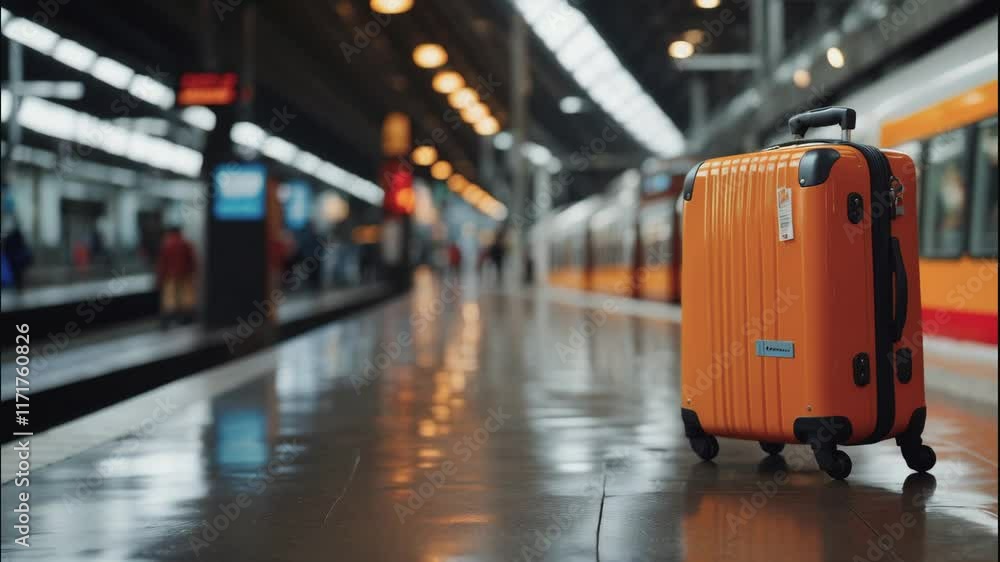 orange suitcase of a traveler at the train station. orange suitcase of a traveler at the train station.