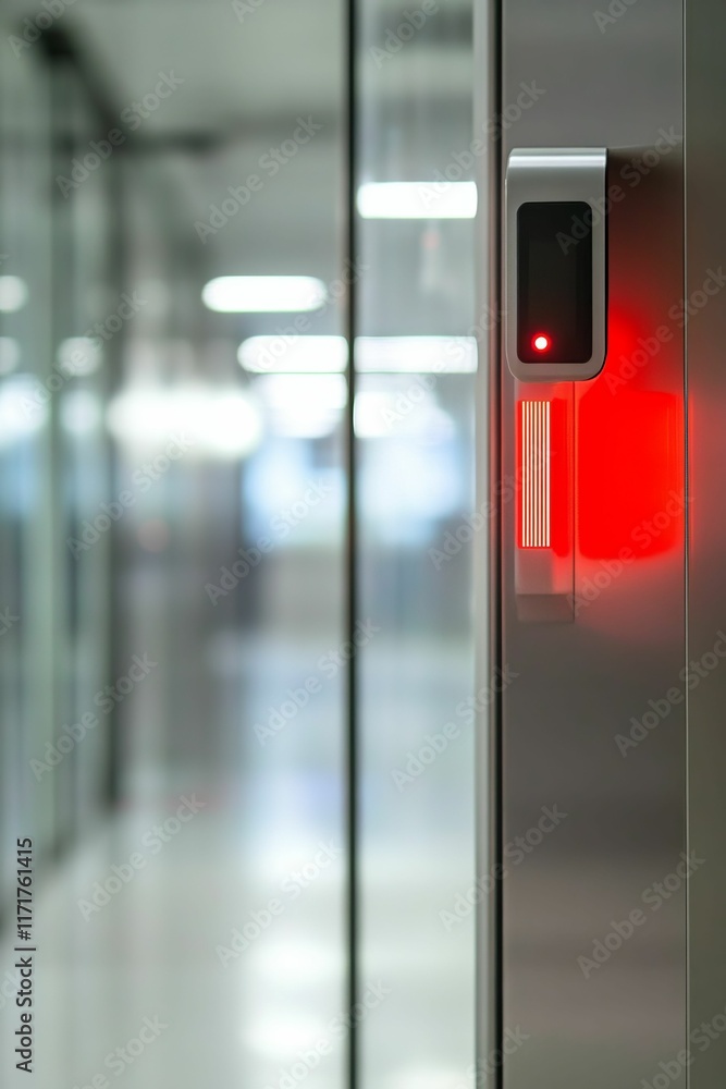 Red light illuminates access panel, blurred hallway. Red light illuminates access panel, blurred hallway.