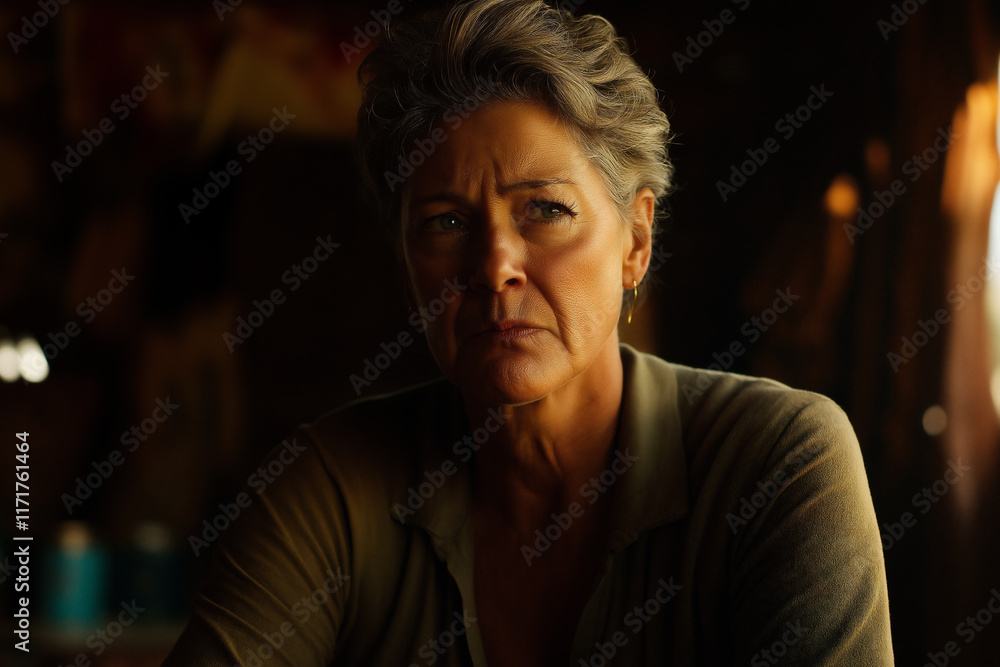 Middle-aged woman reflecting while sitting in a dimly lit room Middle-aged woman reflecting while sitting in a dimly lit room