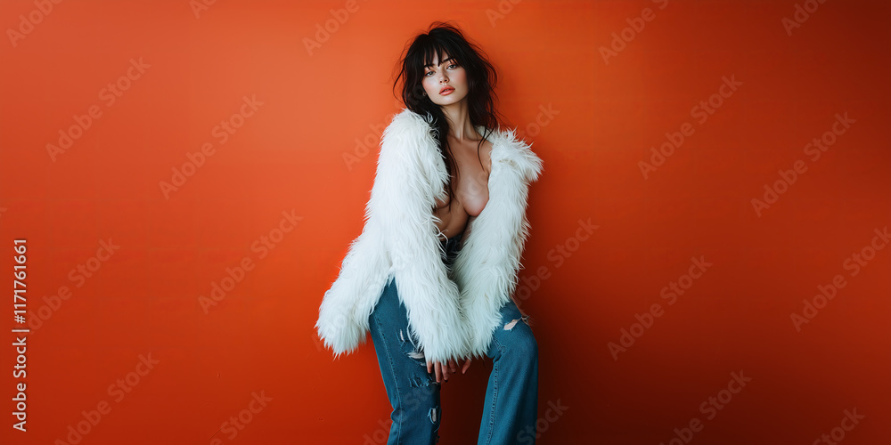 Captivating portrait of a model dressed in a chic white fur coat against a vibrant orange backdrop Captivating portrait of a model dressed in a chic white fur coat against a vibrant orange backdrop