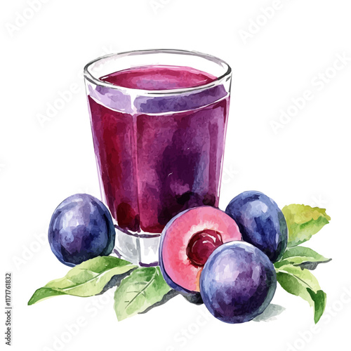 A watercolor vector painting of a glass of plum juice, isolated on a white background. Plum Juice vector.

