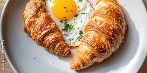 Enjoy a delicious breakfast platter of crispy croissants and perfectly fried eggs photo