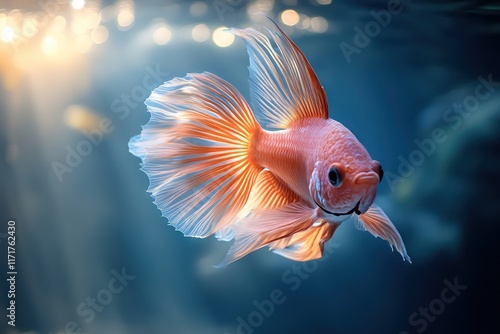 Fan-shaped fish with radiant, flowing fins, swimming effortlessly through tranquil ocean currents.