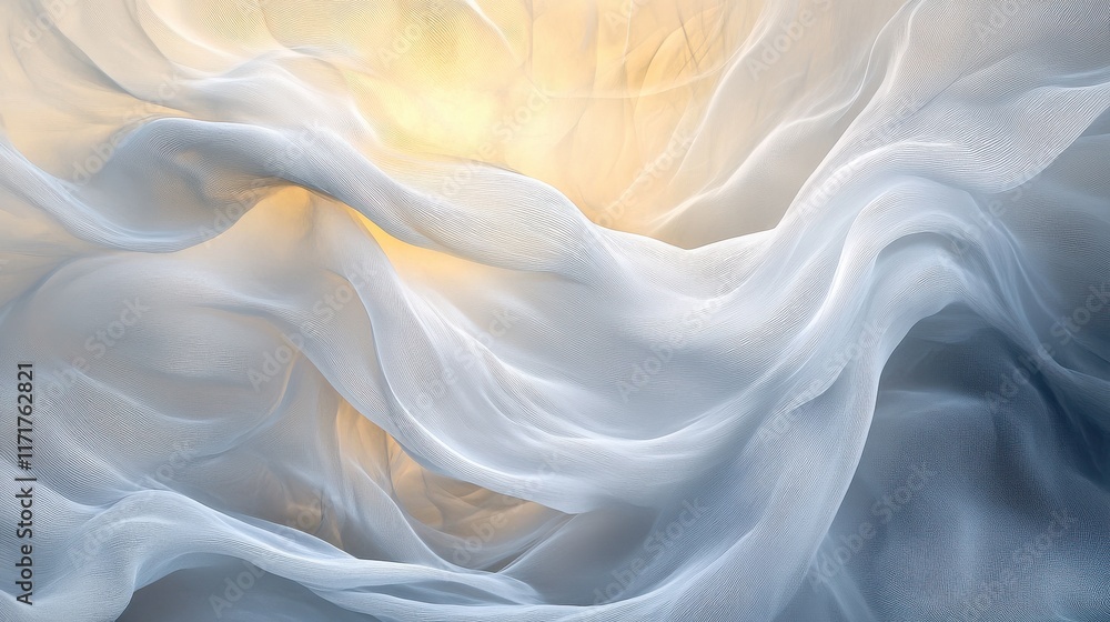 Obraz premium Flowing sheer fabric in soft blue and white hues, lit by warm sunlight.