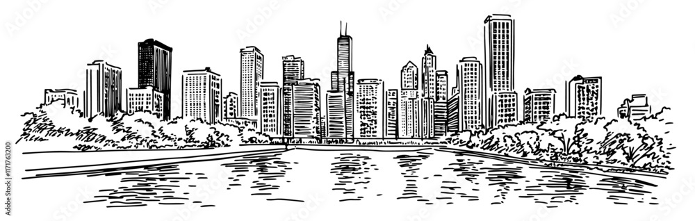 Obraz premium evening view of downtown Chicago with the river doodle hatching vector sketch