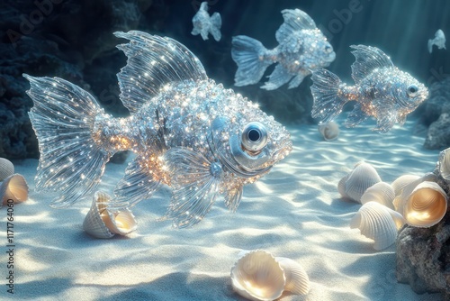 Fish resembling glittering crystals, gliding peacefully over an ocean floor adorned with pearlescent seashells. photo