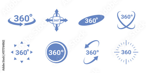 360 degrees arrow, rotate around set icon. Circle signs vertical, horizontal and diagonal view with arrows rotation to 360 degrees. Virtual reality. Rotate cycle, circular moving symbol.