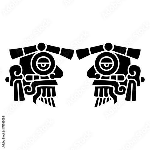 Symmetrical ethnic design with two heads of Aztec god Tlaloc. Native American decor. Black and white silhouette.