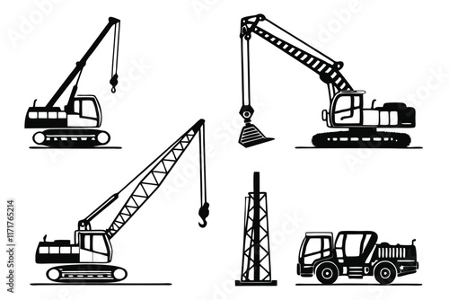 black and white Pile Driver vehicle silhouette vector bundle