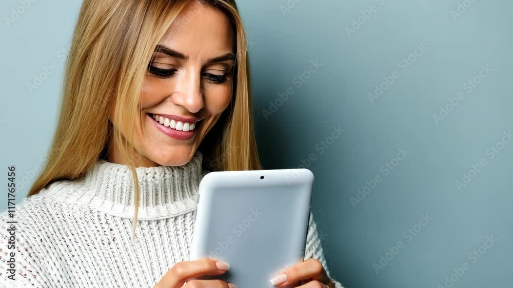 Woman smiling and engaging with tablet device in cozy setting