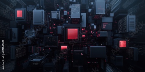 Futuristic data center with glowing red servers and dark digital grid landscape photo