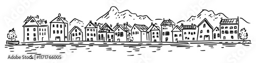 port in Bergen with colorful trading houses doodle hatching vector sketch