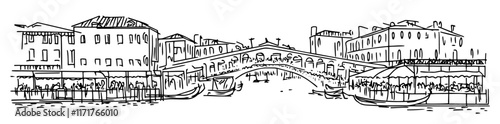 famous market on the Rialto Bridge in Venice doodle hatching vector sketch