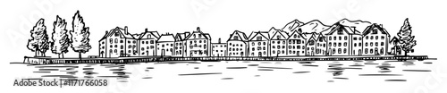port in Bergen with colorful trading houses doodle hatching vector sketch
