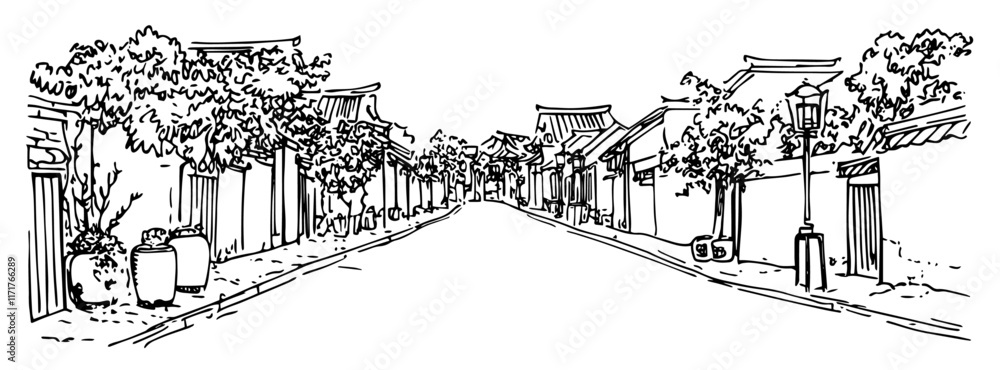 Obraz premium traditional street in Kyoto with lanterns doodle hatching vector sketch