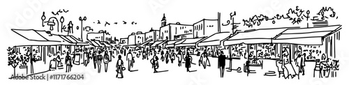bustling marketplace in Tel Aviv doodle hatching vector sketch