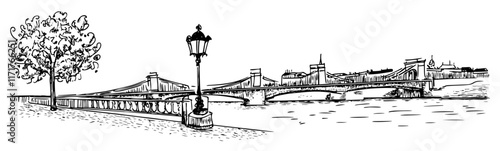 Lanterns on a bridge in Budapest doodle hatching vector sketch