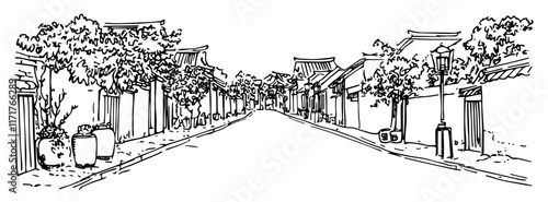 traditional street in Kyoto with lanterns doodle hatching vector sketch
